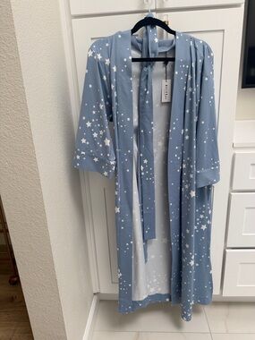 Star-Print Light Blue Women's Robe with Self-Tie Belt
